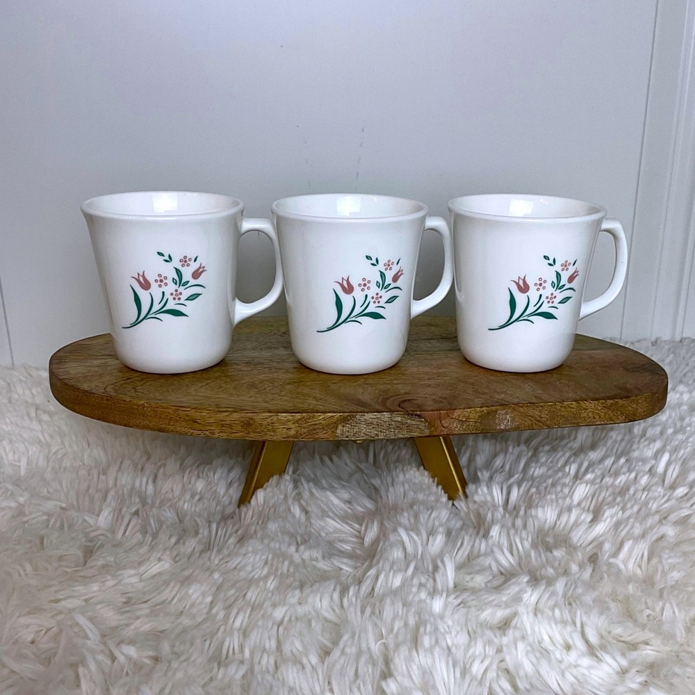 Vintage Corning English Meadow Milk Glass Mugs Set of 3 Pink Tulips Made in USA